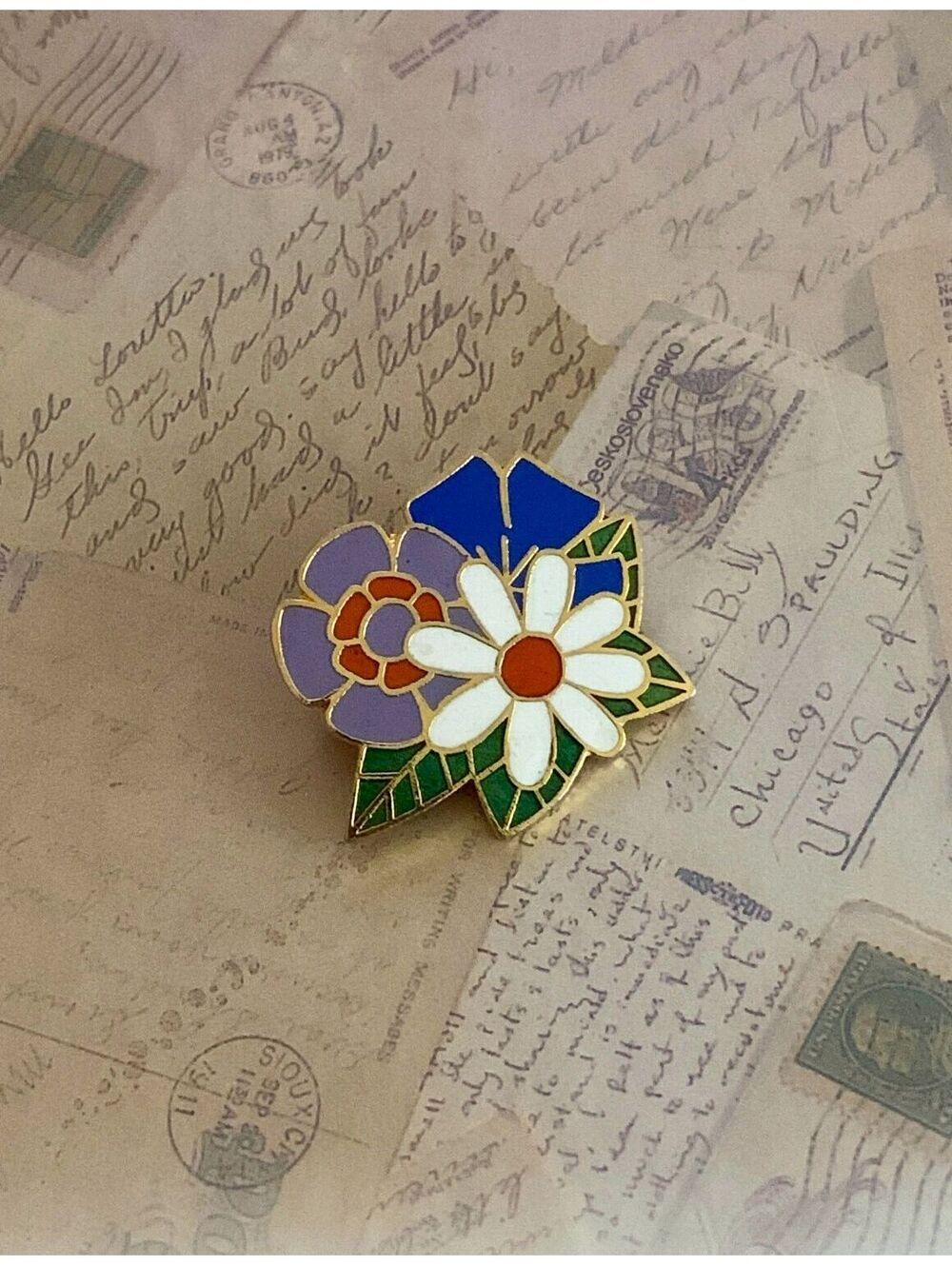 Vintage Taiwan Colorful Floral Enamel Pin Brooch with Gold Outline Fun Accessory